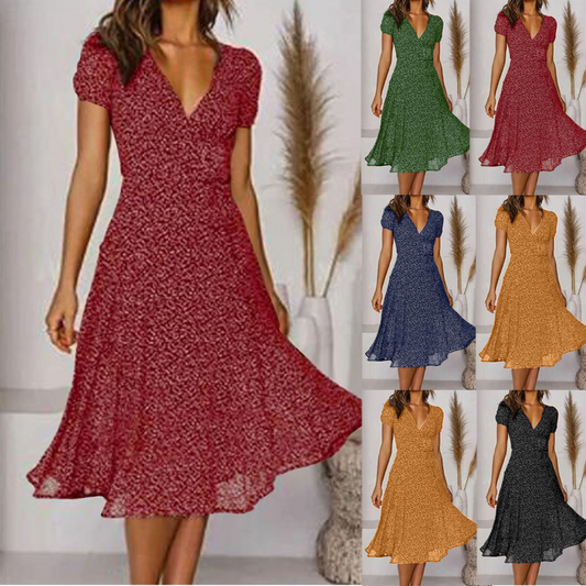 🌈💃【Sleva 50 % 🔥】👗😍 Nové dámské šaty 2026 ve větších velikostech s výstřihem do V a krátkými rukávy, květinové šaty s puntíky ve větších velikostech