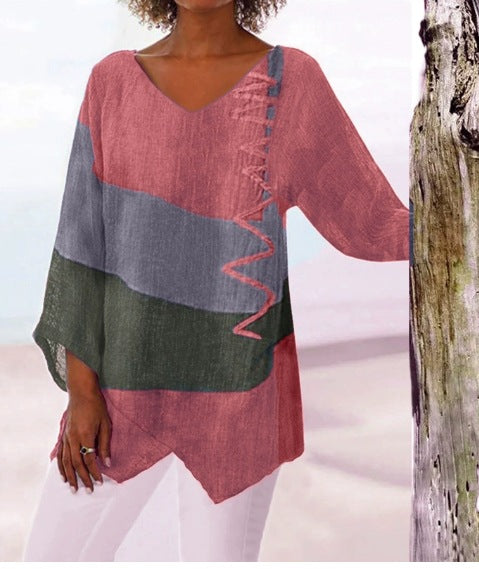 ⏳ Τελευταία μέρα - 50% έκπτωση 😍【S~5XL】Γυναικείο κομψό casual τοπ με V ντεκολτέ και μακριά μανίκια, καλλιτεχνικό σχέδιο και τύπωμα