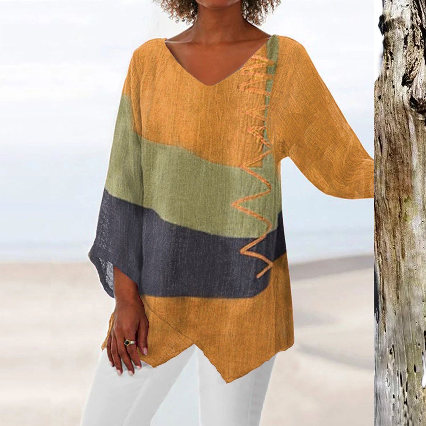 ⏳ Último día - 50% de descuento 😍【S~5XL】Blusa elegante y casual para mujer, con cuello en V, manga larga y estampado de diseño artístico.
