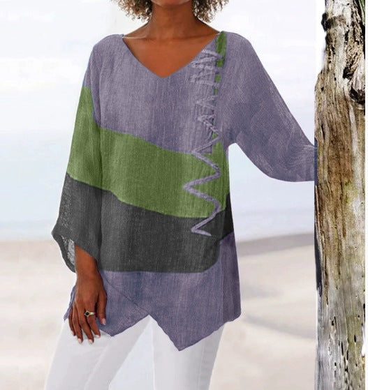 ⏳ Ostatni dzień – 50% taniej 😍【S~5XL】Elegancka damska bluzka w stylu casual: dekolt w serek, długi rękaw, artystyczny wzór