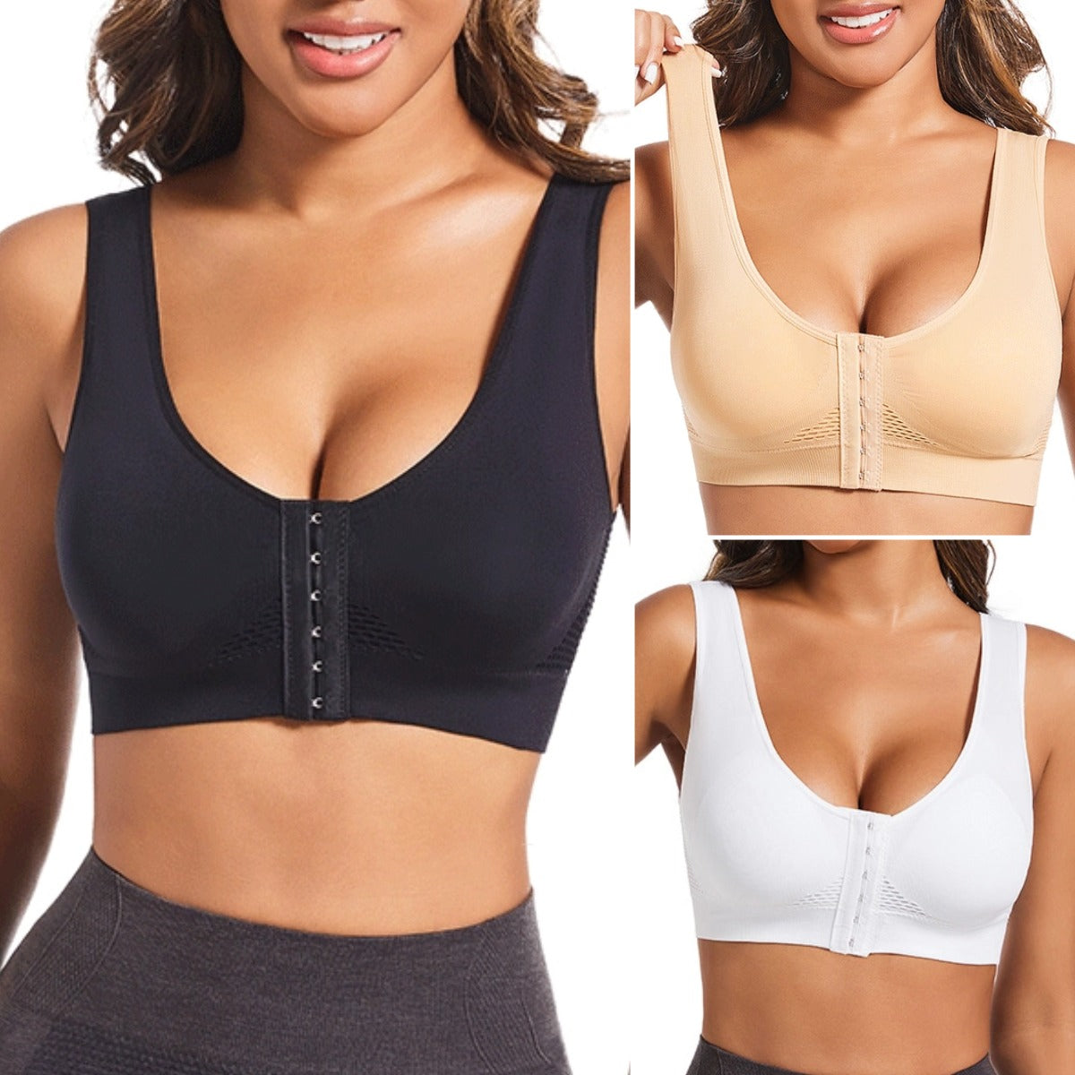 🧘‍♀️👙【Kupte 2, 1 dostanete zdarma】【S-6XL】Sportovní podprsenka s předním zapínáním, bez kostic, s push-up efektem a střihem na zádech
