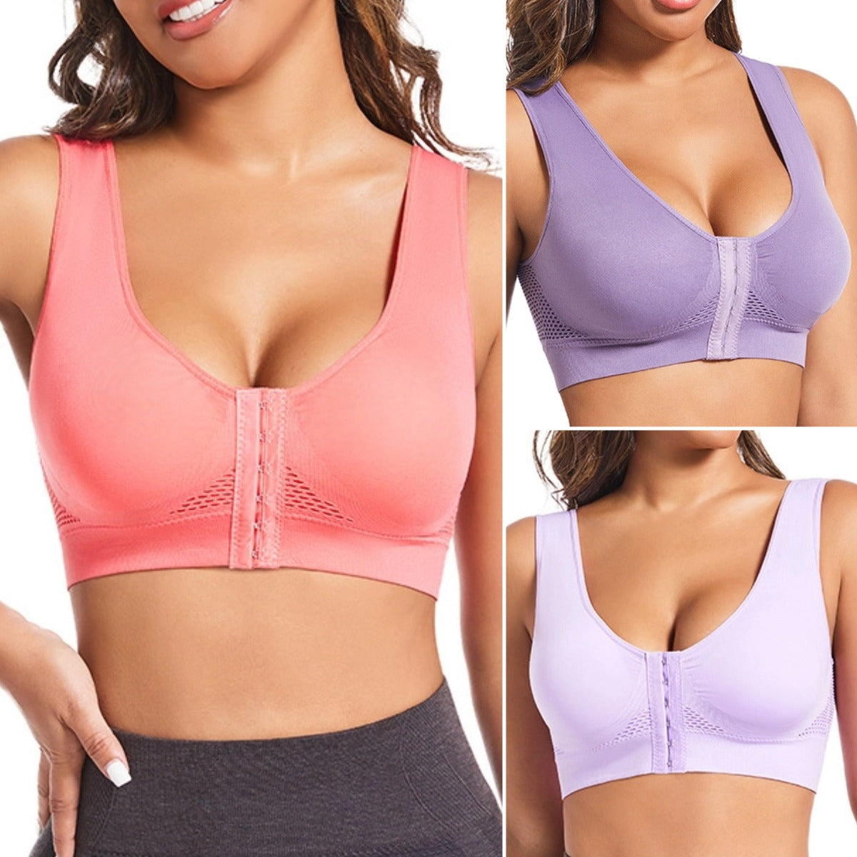 🧘‍♀️👙【Kupte 2, 1 dostanete zdarma】【S-6XL】Sportovní podprsenka s předním zapínáním, bez kostic, s push-up efektem a střihem na zádech