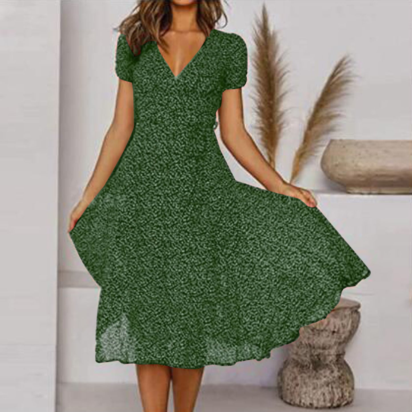 🌈💃【Sleva 50 % 🔥】👗😍 Nové dámské šaty 2026 ve větších velikostech s výstřihem do V a krátkými rukávy, květinové šaty s puntíky ve větších velikostech