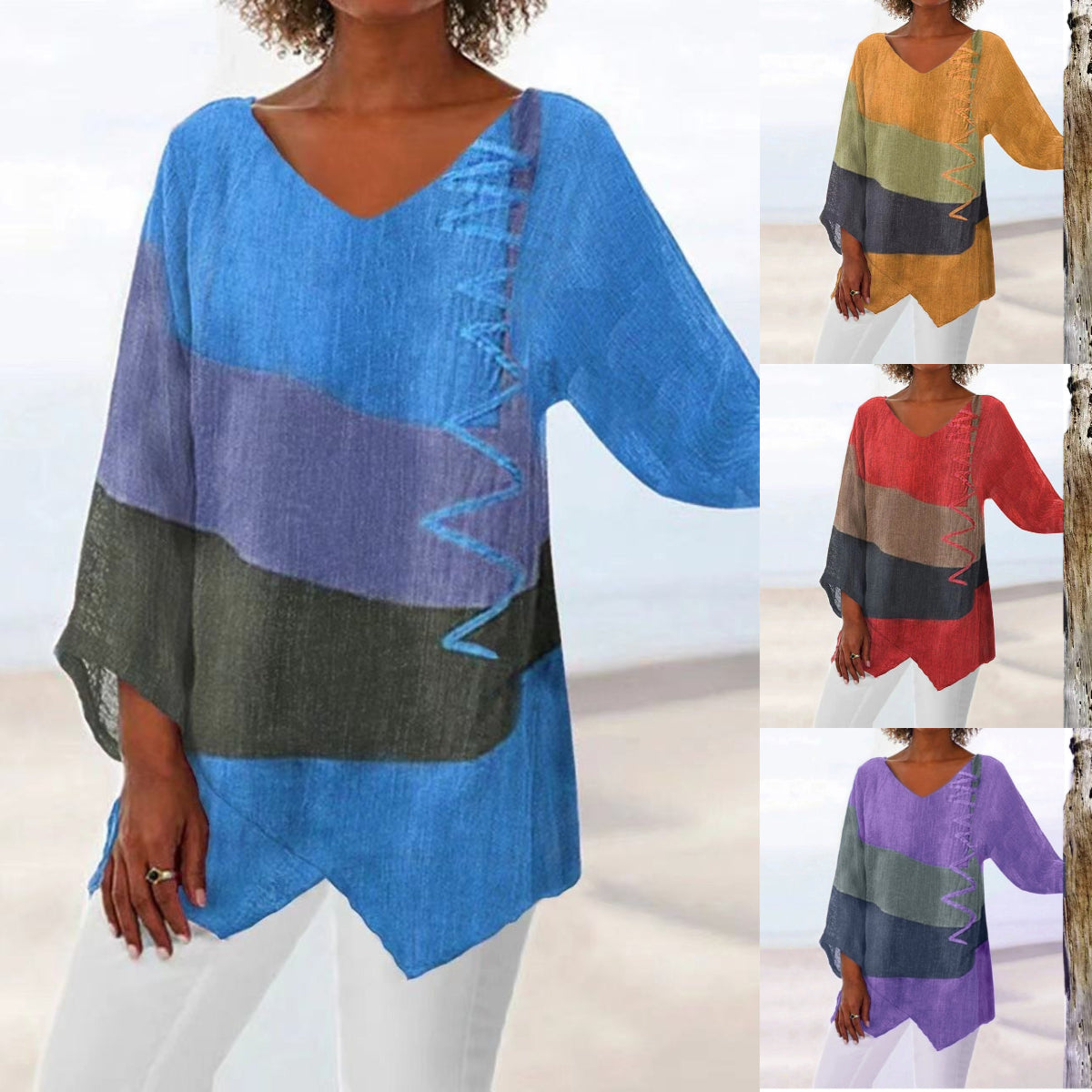 ⏳ Poslední den – sleva 50 % 😍【S~5XL】Dámský elegantní ležérní top s výstřihem do V a dlouhým rukávem, uměleckým vzorem a potiskem