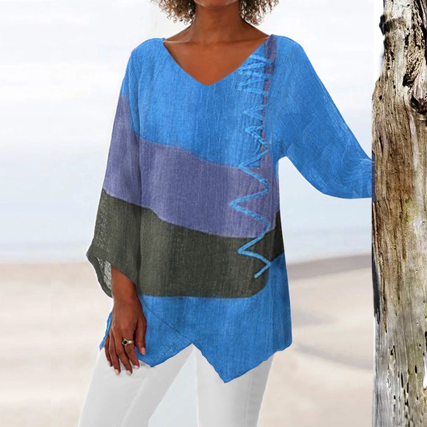 ⏳ Τελευταία μέρα - 50% έκπτωση 😍【S~5XL】Γυναικείο κομψό casual τοπ με V ντεκολτέ και μακριά μανίκια, καλλιτεχνικό σχέδιο και τύπωμα