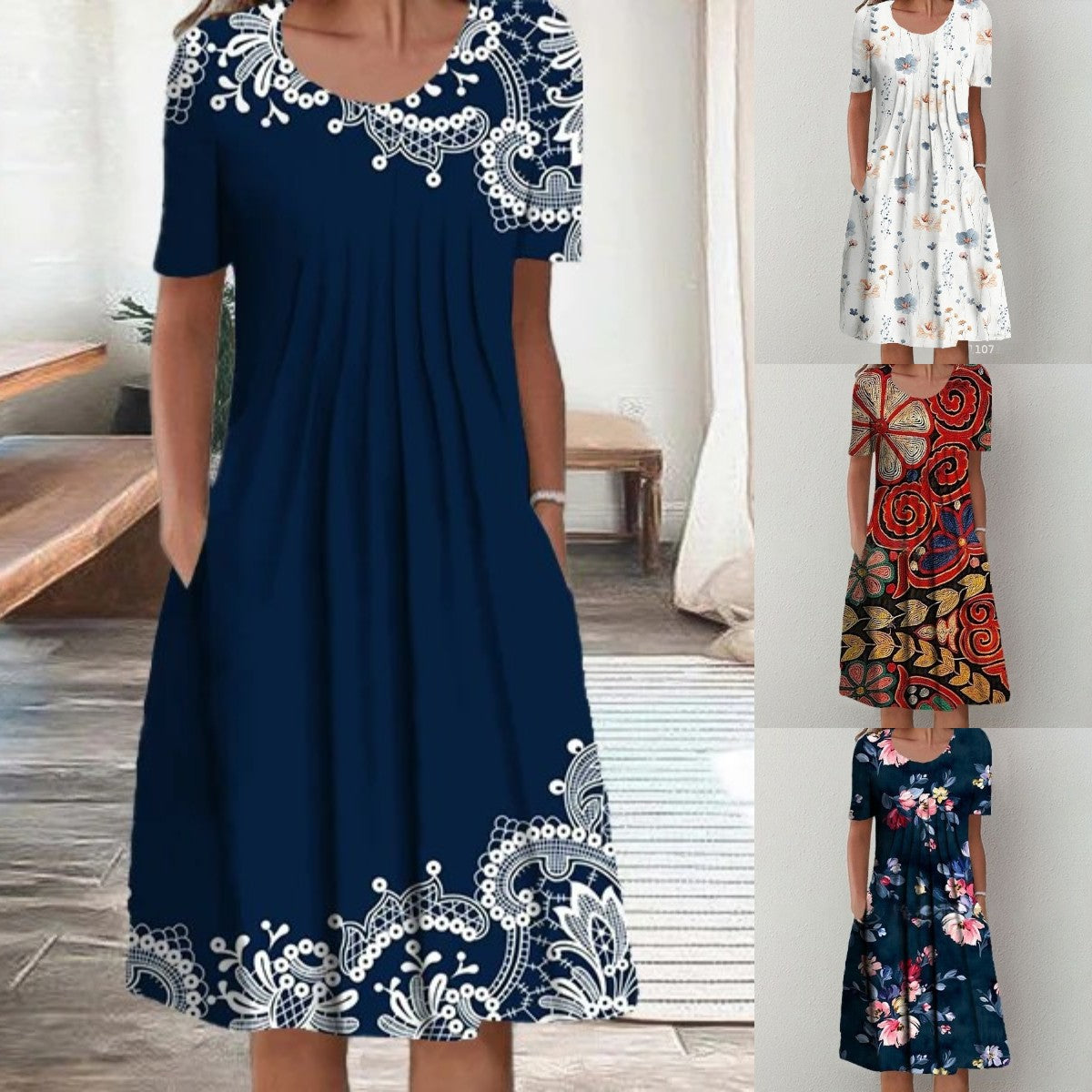 【Velikosti S-5XL】🌺🌺 Kulatý výstřih vám dodá vzhled vyšší a štíhlejší postavy. Stylová sukně s potiskem. ✅️ Sleva