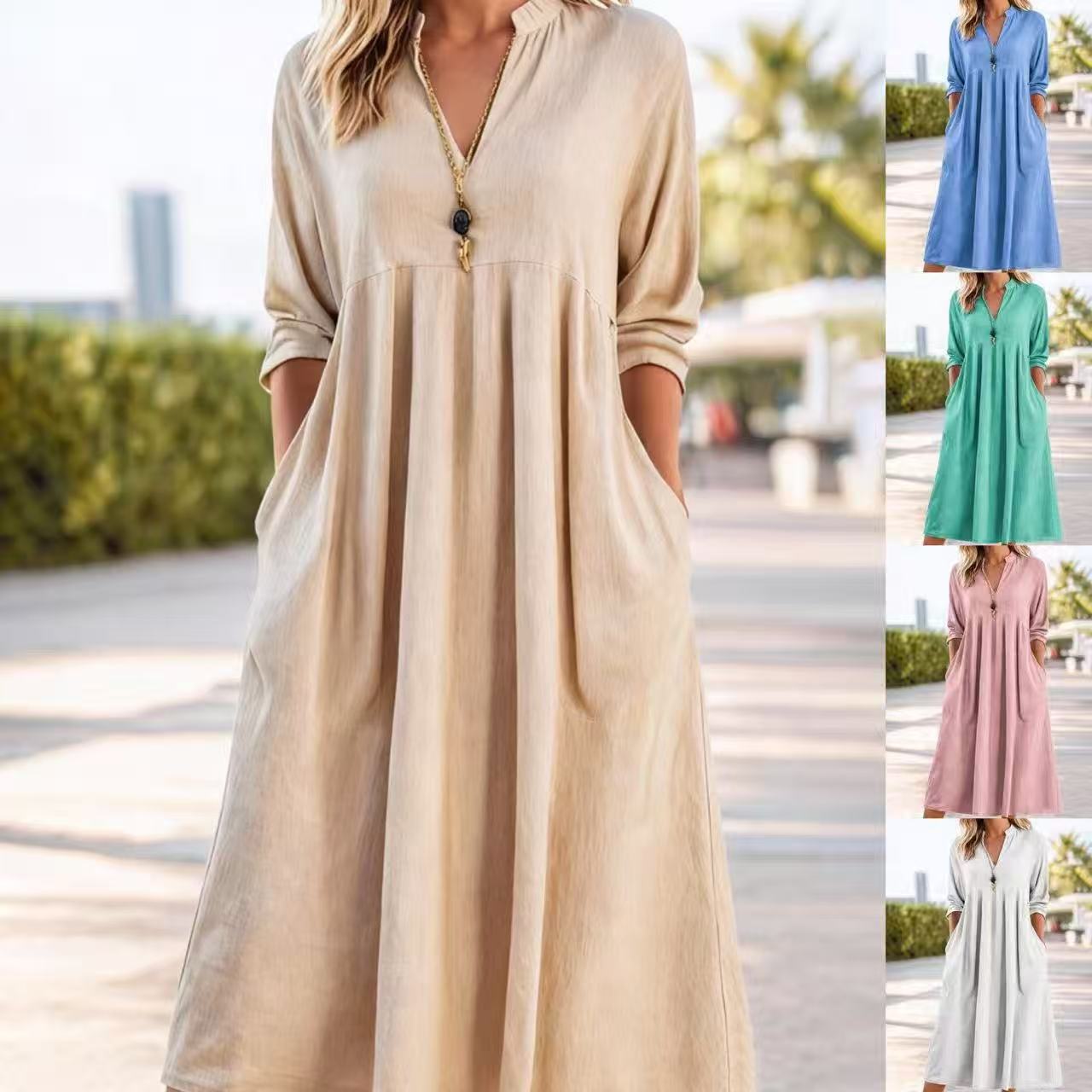 💃 【S-3XL】Nové módní retro šaty s výstřihem do V z bavlny a lnu