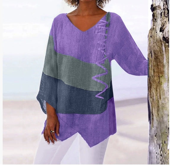 ⏳ Último día - 50% de descuento 😍【S~5XL】Blusa elegante y casual para mujer, con cuello en V, manga larga y estampado de diseño artístico.
