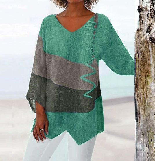⏳ Último día - 50% de descuento 😍【S~5XL】Blusa elegante y casual para mujer, con cuello en V, manga larga y estampado de diseño artístico.